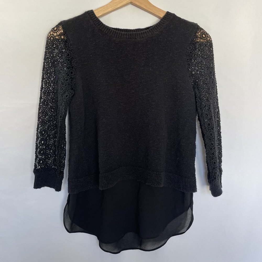 Lucky Brand Black Crochet Sleeve Knit Top With Sheer Hem Detail classy goth
